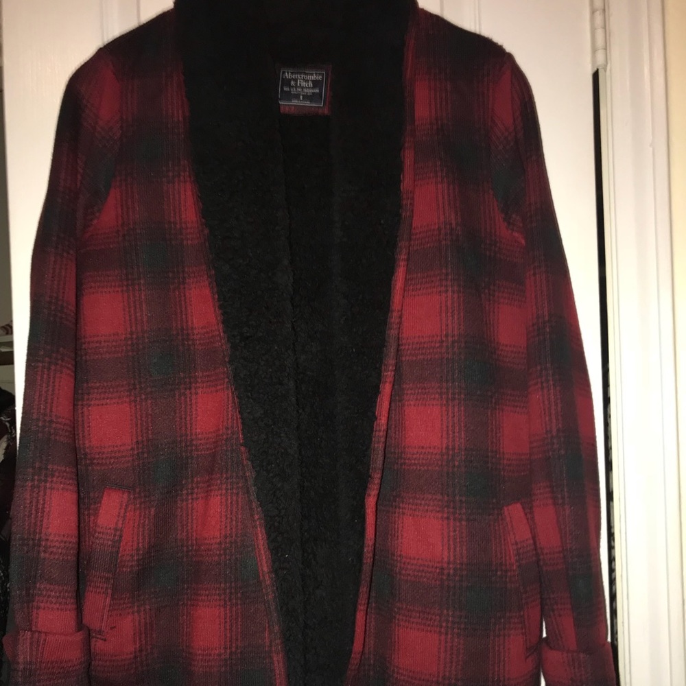 Abercrombie shearling plaid cardigan size small